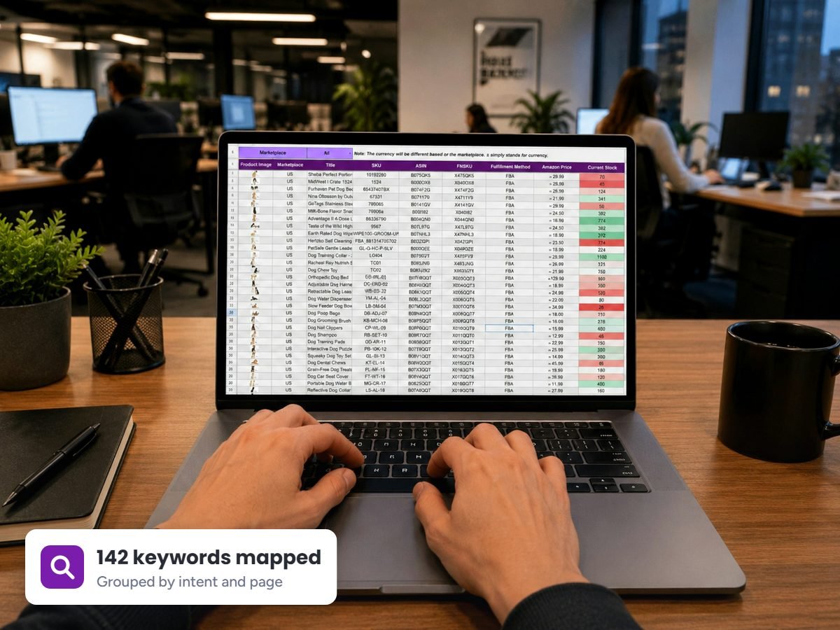 SEO specialist reviewing a keyword research spreadsheet on a laptop