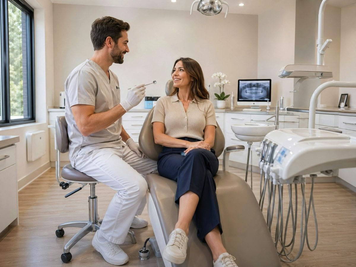 Dentist talking with a patient in a modern dental office