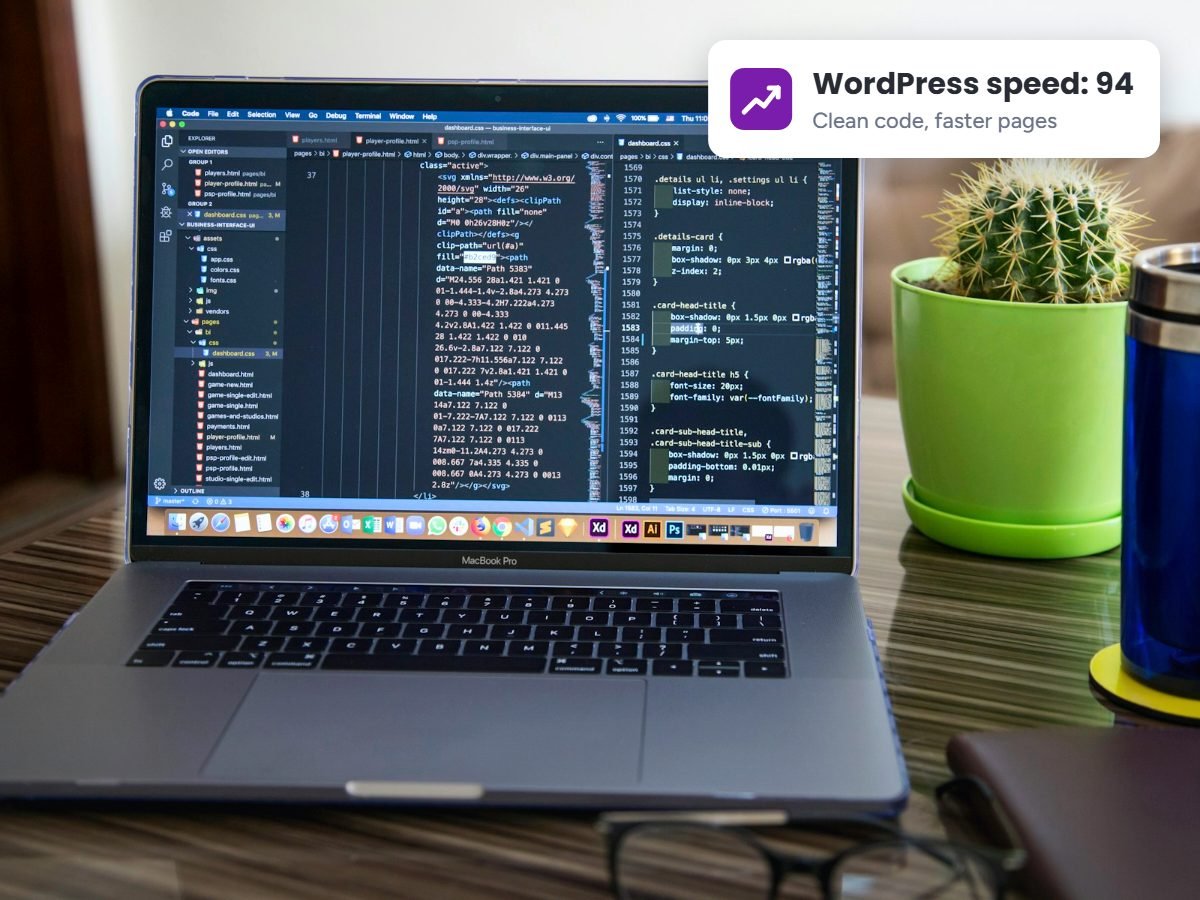 Developer laptop on a desk while working on WordPress SEO services